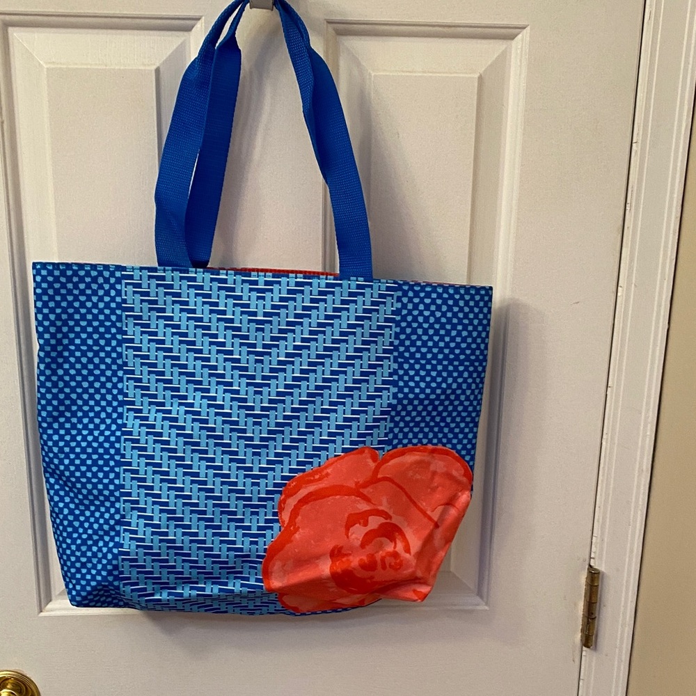 Lancome Blue Tote with Orange Floral Accent